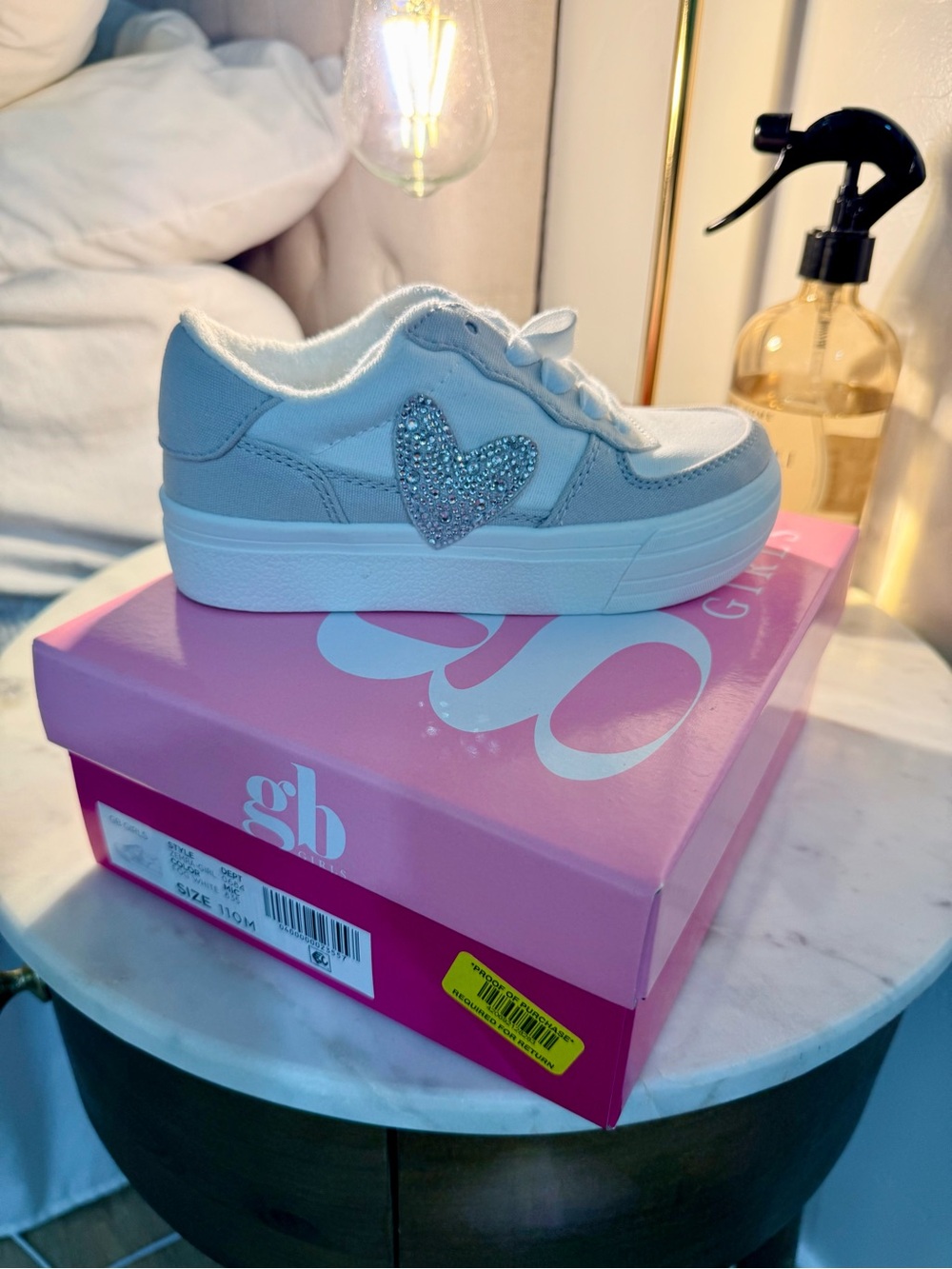 GB girls White and Silver Kids' Platform Sneaker with Rhinestone Heart